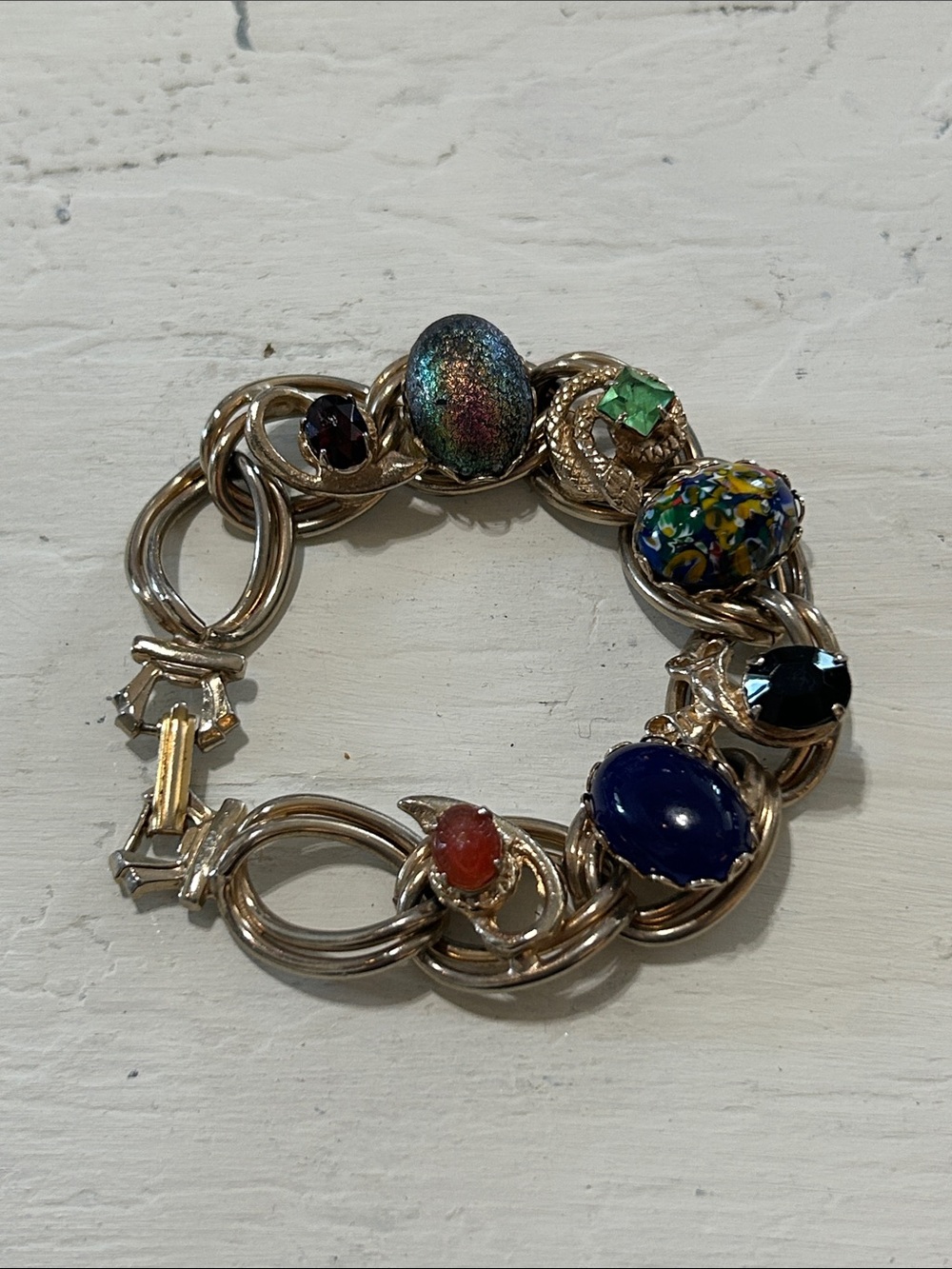 Vintage Gold-Tone Multicolor Gemstone Link Bracelet